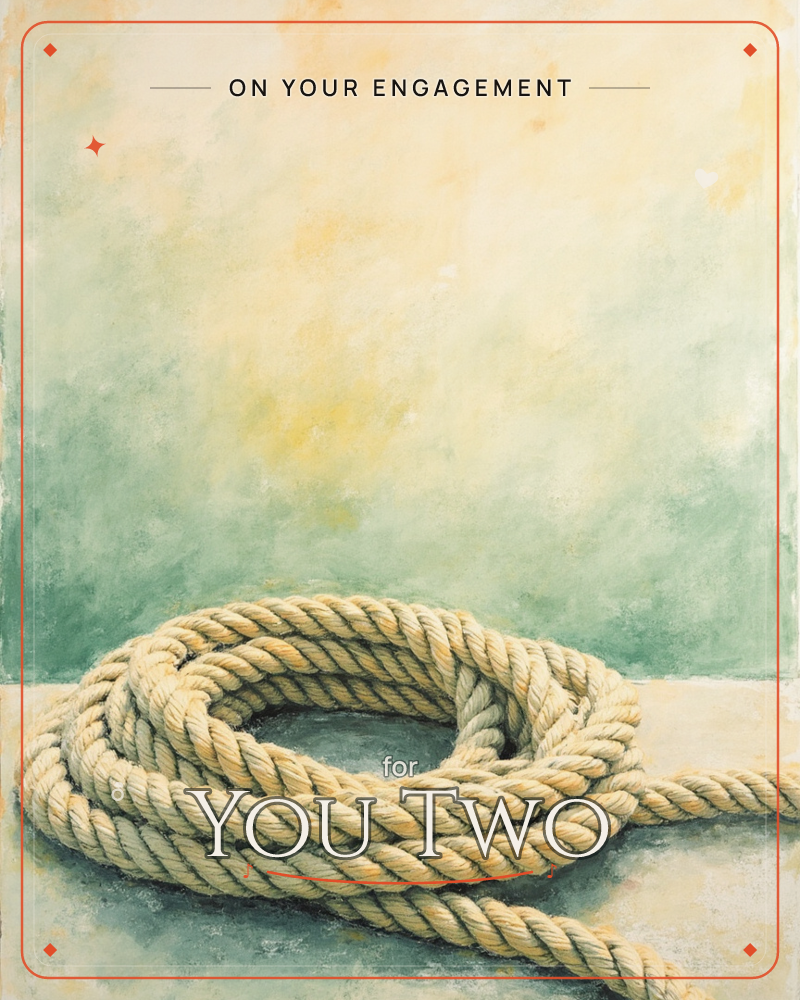 A thick coil of pale rope sits on a sandy surface, one end trailing off to the right, painted against a soft mottled backdrop of sage green and warm ochre, a engagement e-card design