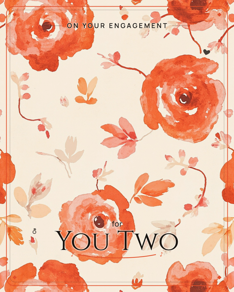 A repeating pattern of loose, hand-painted roses in shades of orange and coral blooms across a warm cream background, a engagement e-card design