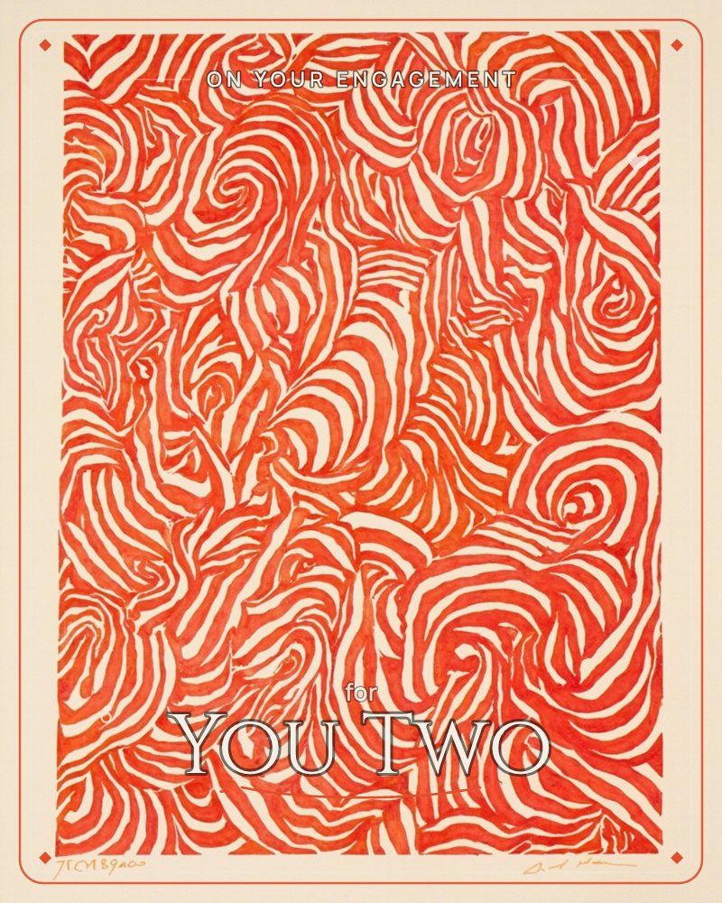 An abstract print fills the page with dense, swirling red-orange lines on cream paper, each stroke curling into knots and eddies like fingerprints or…, a engagement e-card design