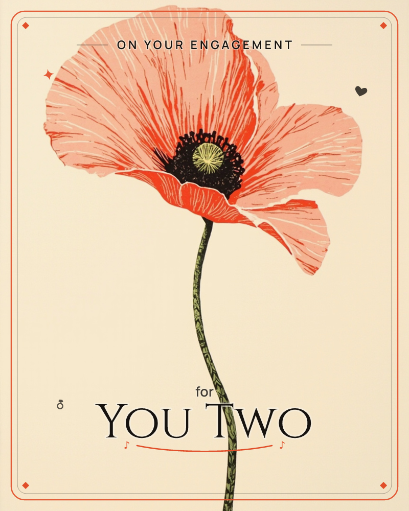 A single poppy leans on a curved green stem against a plain cream background, its coral-pink petals veined with fine dark lines around a black-and-gold…, a engagement e-card design