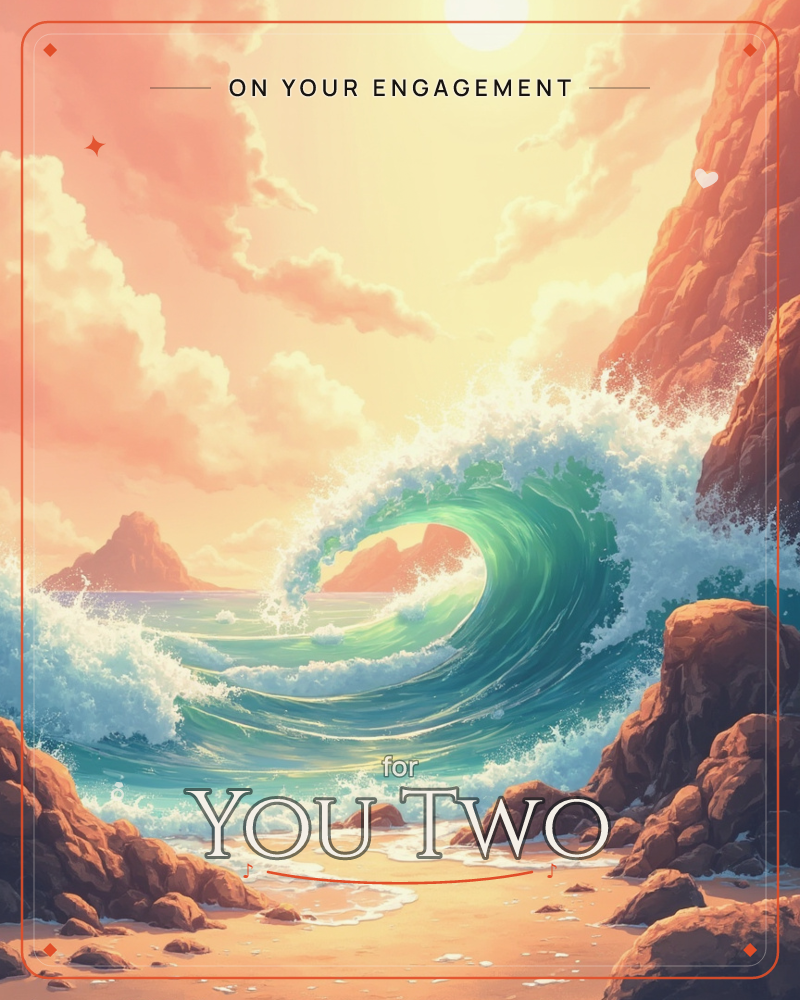 A great emerald wave curls between two rugged cliffs, its crest breaking into white foam as it rolls toward a sandy cove, a engagement e-card design
