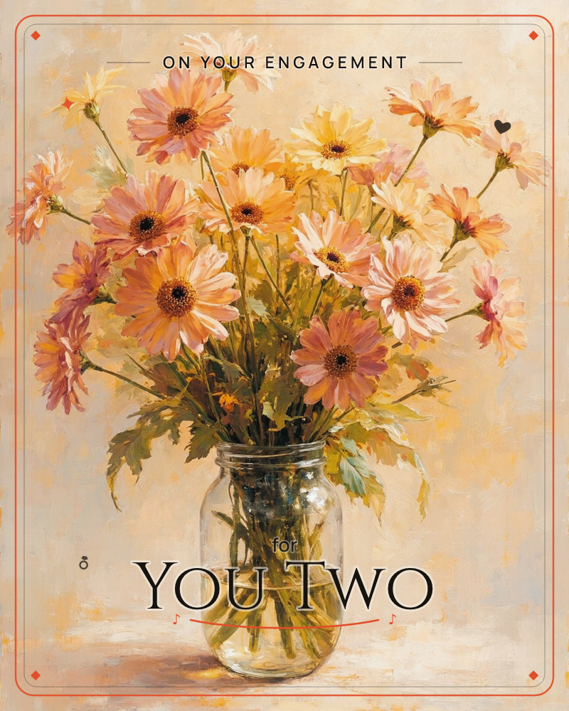 A loose bouquet of pink, peach and yellow daisies leans out from a glass mason jar filled with water, painted in soft, buttery light against a warm…, a engagement e-card design