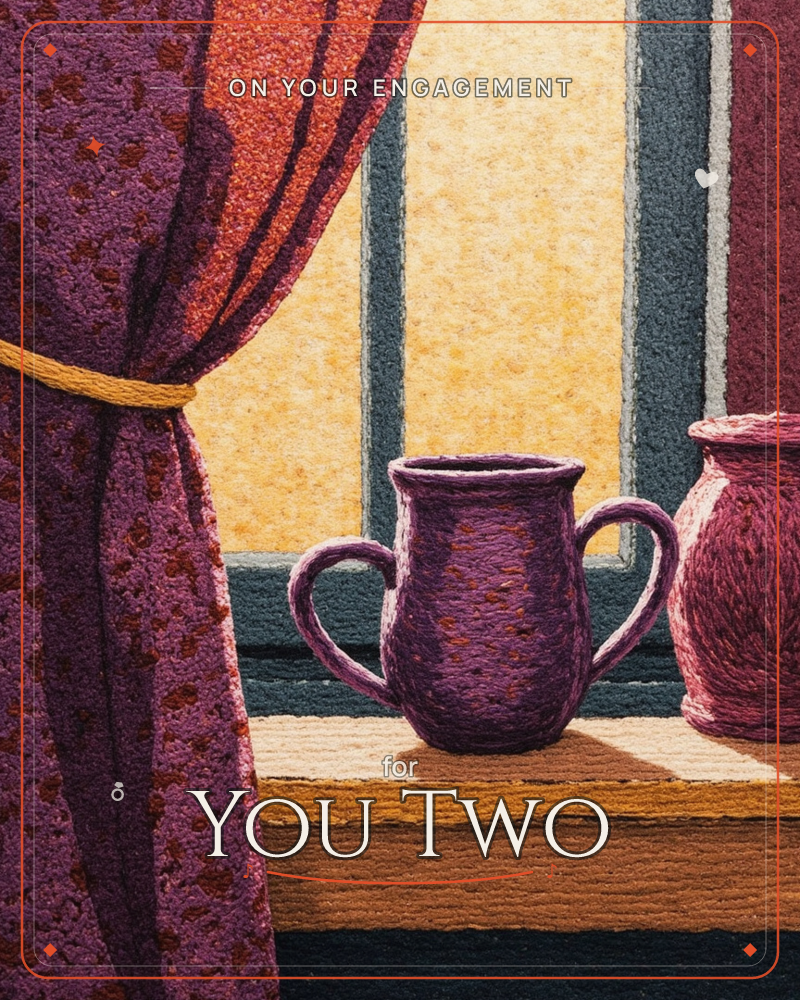 A textured, quilted illustration of a windowsill at dusk, with a purple patterned curtain tied back by a gold cord beside a two-handled purple jug and…, a engagement e-card design