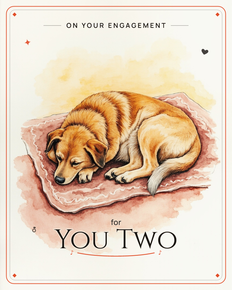 A golden-coated dog lies curled nose-to-tail on a quilted pink cushion, eyes half-closed in sleepy contentment, a engagement e-card design