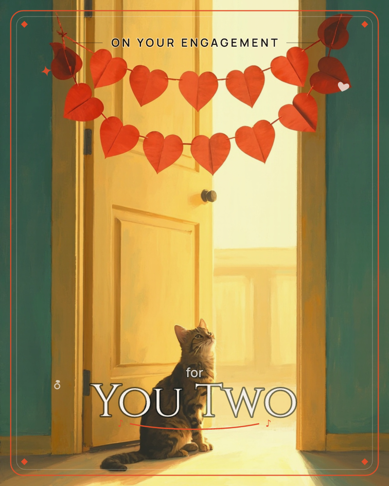 A tabby cat sits on the floor gazing up at a garland of red paper hearts strung across an open yellow doorway, sunlight pouring in from the bright hall…, a engagement e-card design