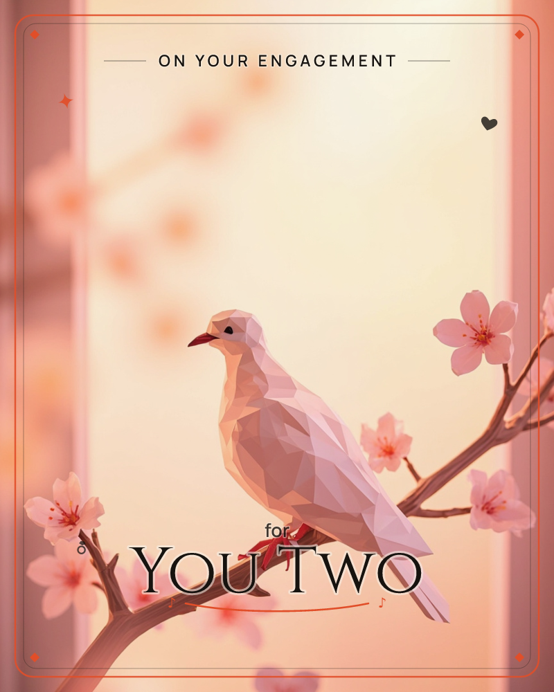 A low-poly white dove perches on a blossoming branch, its faceted geometric feathers catching soft light against a warm, hazy peach-and-cream backdrop, a engagement e-card design