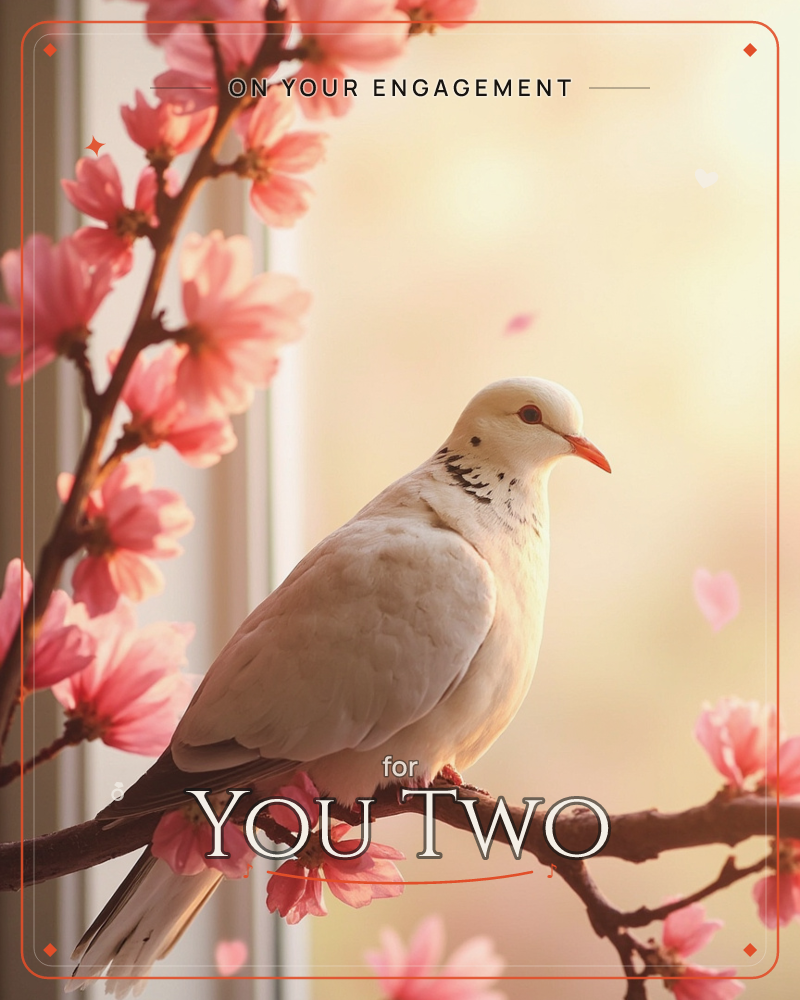 A pale dove with a coral-red beak perches quietly on a blossom branch, framed by clusters of pink cherry flowers against a soft, sunlit window backdrop, a engagement e-card design