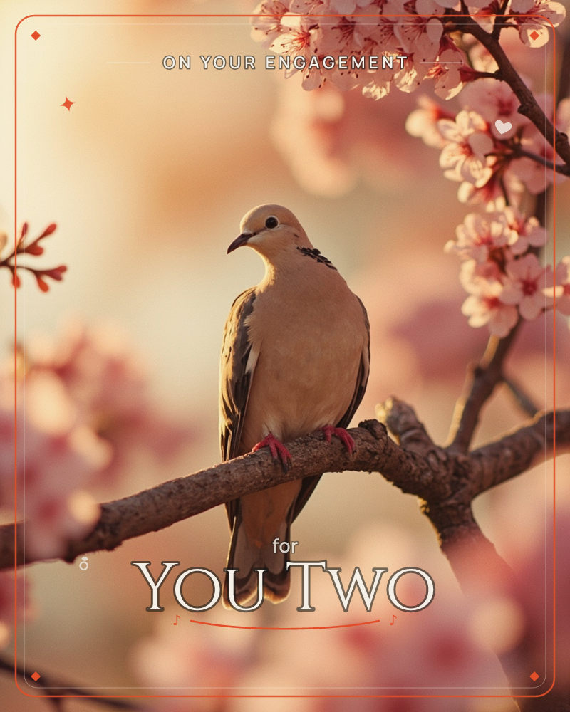 A mourning dove perches on a slender branch surrounded by cherry blossoms, its soft fawn feathers glowing in warm golden-hour light, a engagement e-card design