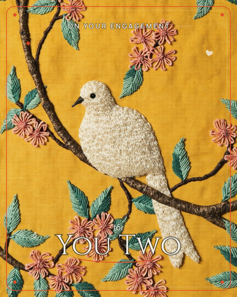 An embroidered white dove perches on a flowering branch, stitched in dense satin thread against a rich mustard-yellow linen ground, a engagement e-card design