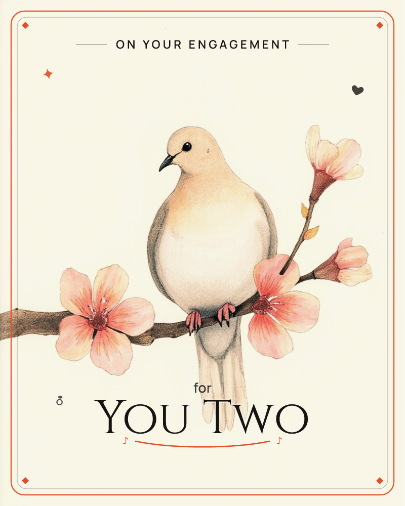 A soft-feathered dove sits quietly on a blossoming branch, its cream and grey plumage set against pale pink cherry blossoms in full bloom, a engagement e-card design