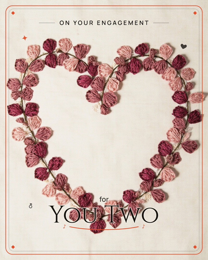 A heart shape is formed entirely from small embroidered petals in shades of dusty pink, rose and deep burgundy, stitched along a thin vine-like outline…, a engagement e-card design