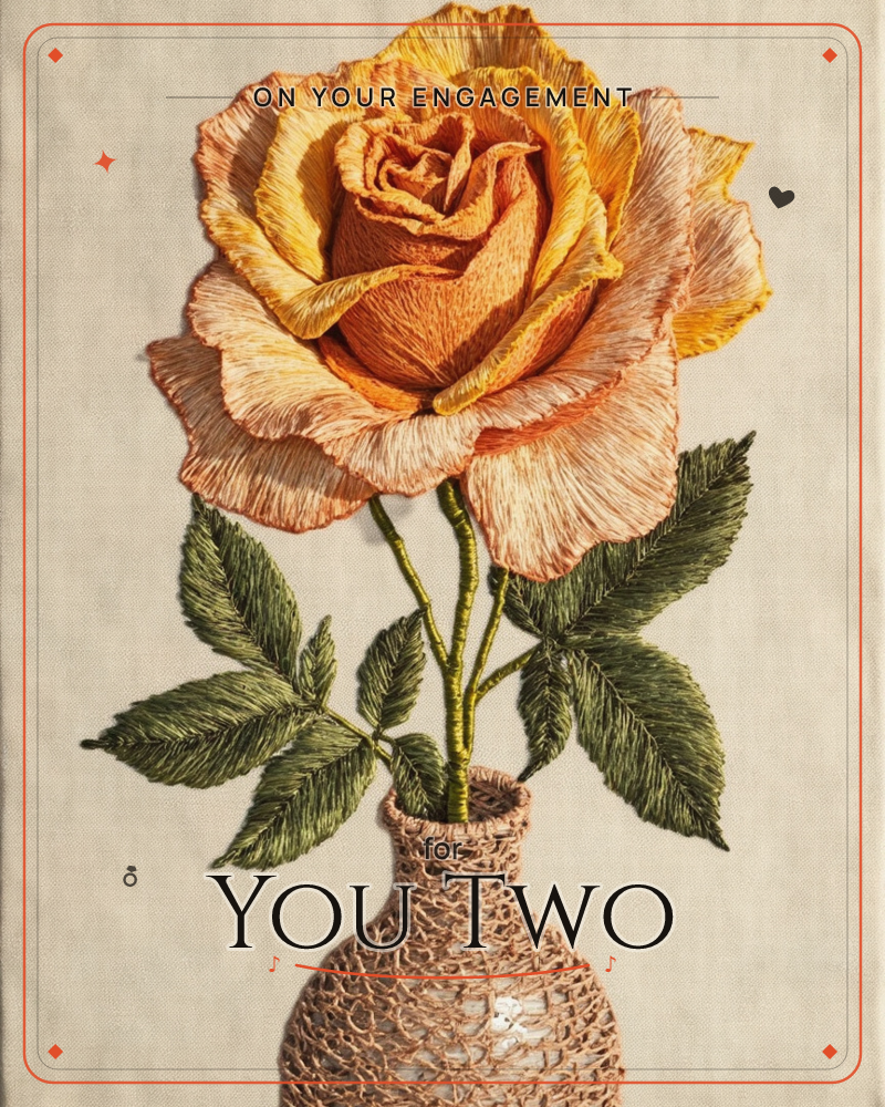 A single full-blown rose in shades of apricot and gold sits in a small textured brown vase, its embroidered petals catching a soft directional light…, a engagement e-card design