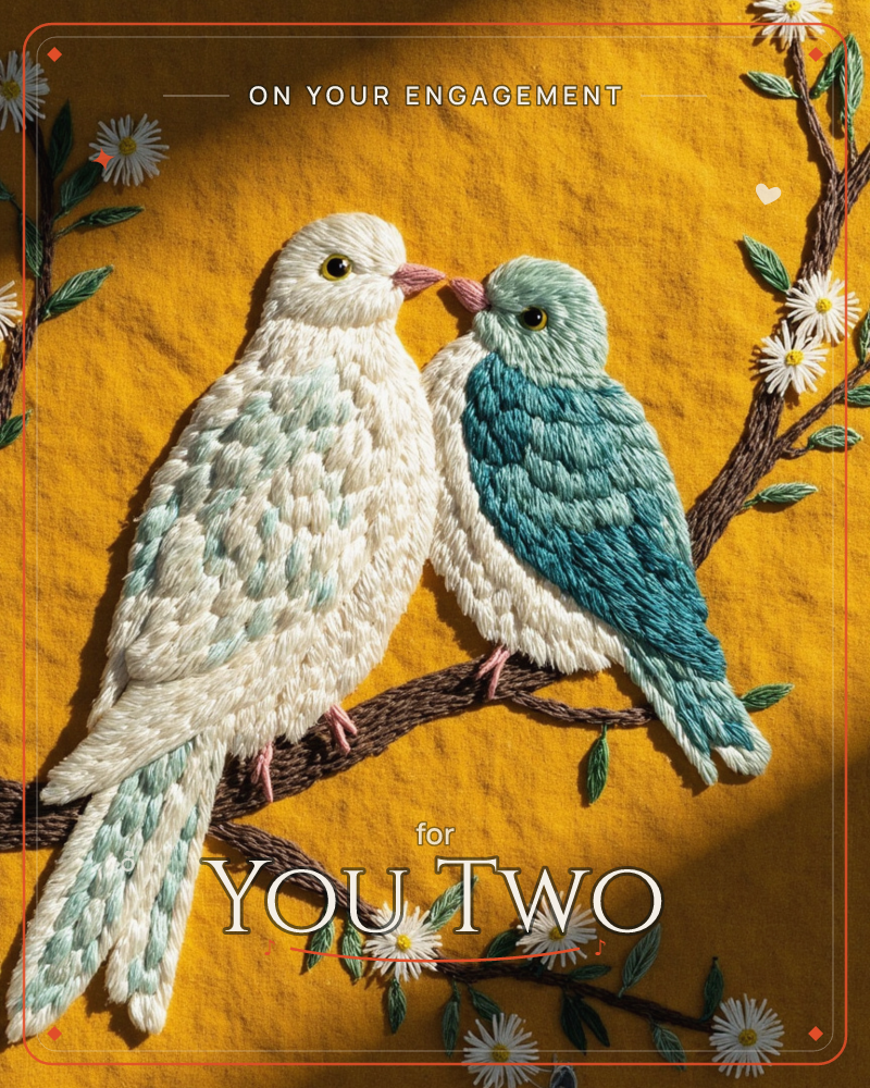 Two embroidered birds, one cream and one teal, perch beak to beak on a stitched branch against a rich mustard-yellow fabric background, a engagement e-card design
