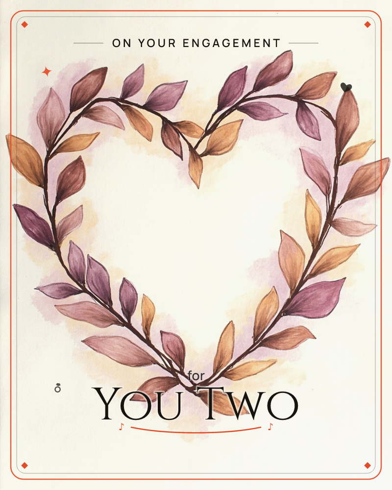 Two leafy branches curve together to form a heart shape, their leaves painted in soft plum, mauve and amber tones, a engagement e-card design