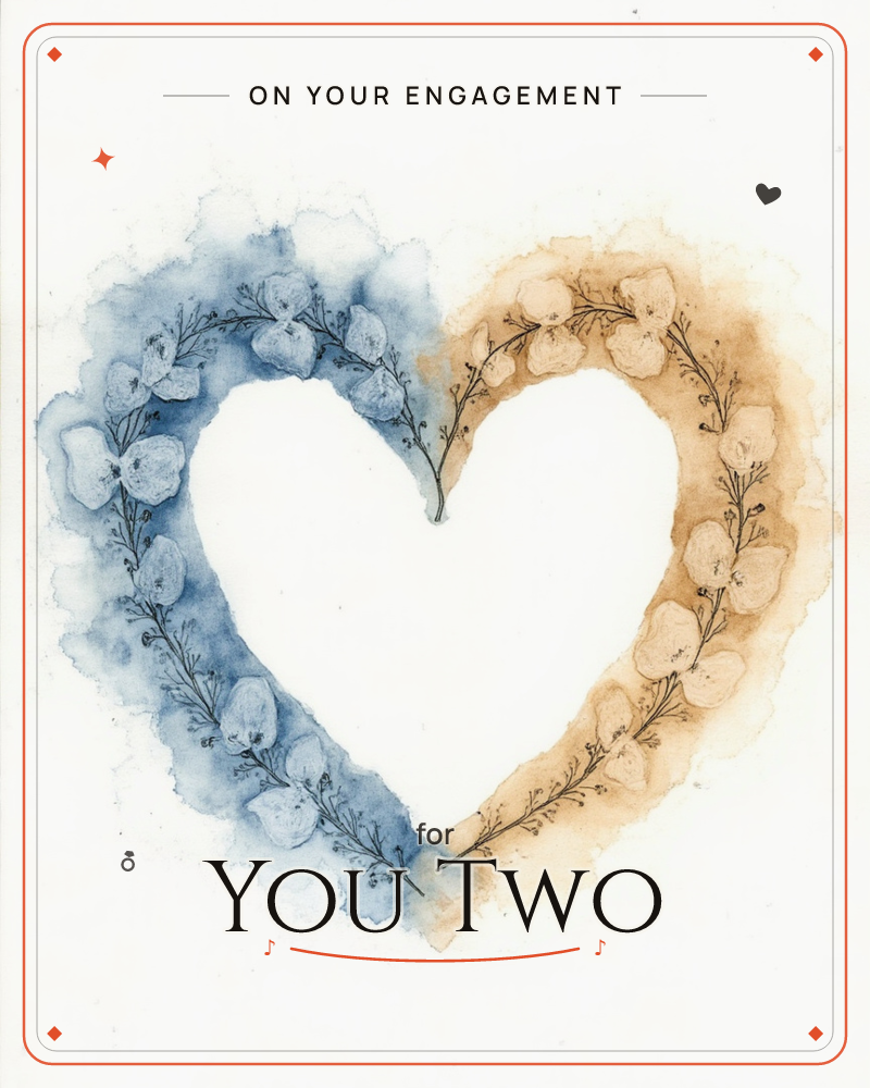 A heart shape is formed from two halves of watercolour bloom: the left side washed in deep indigo blue, the right in warm amber gold, both edged with…, a engagement e-card design