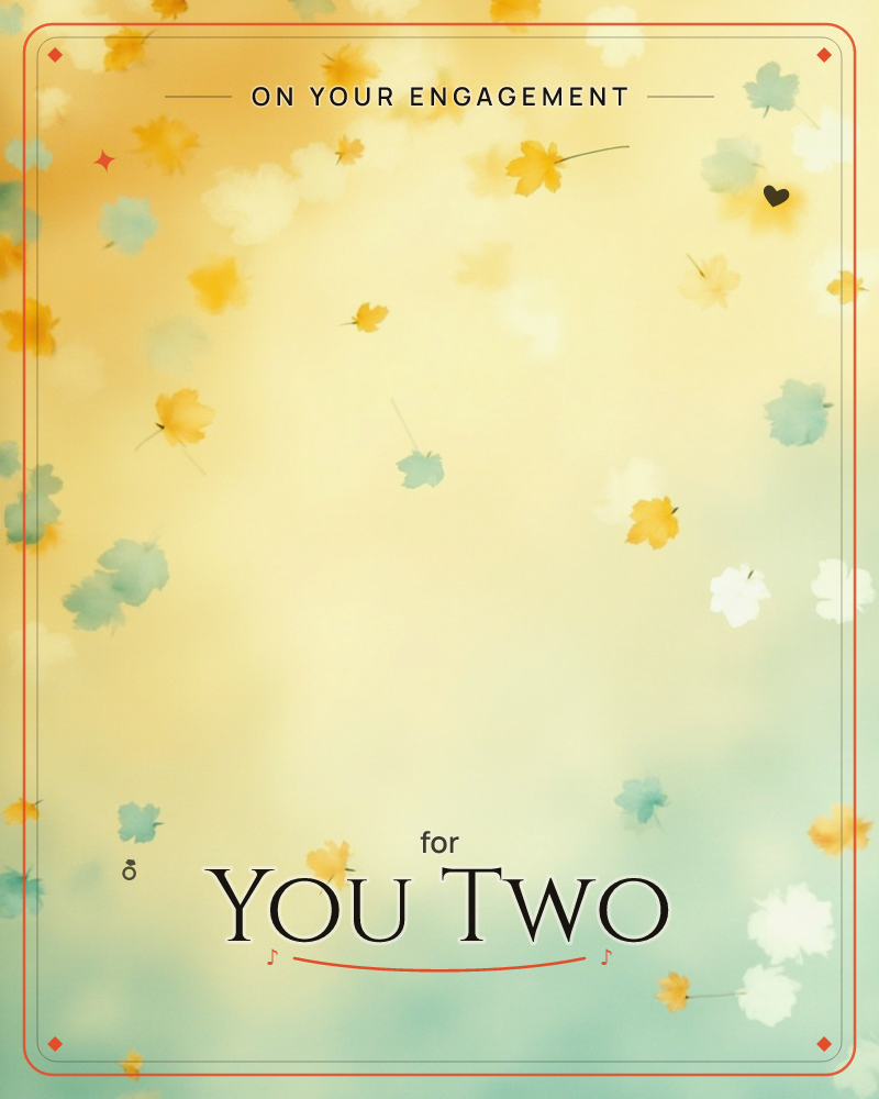 A soft, hazy backdrop of golden yellow melting into pale aqua, scattered with drifting maple-shaped leaves in mustard, teal, and cream, a engagement e-card design