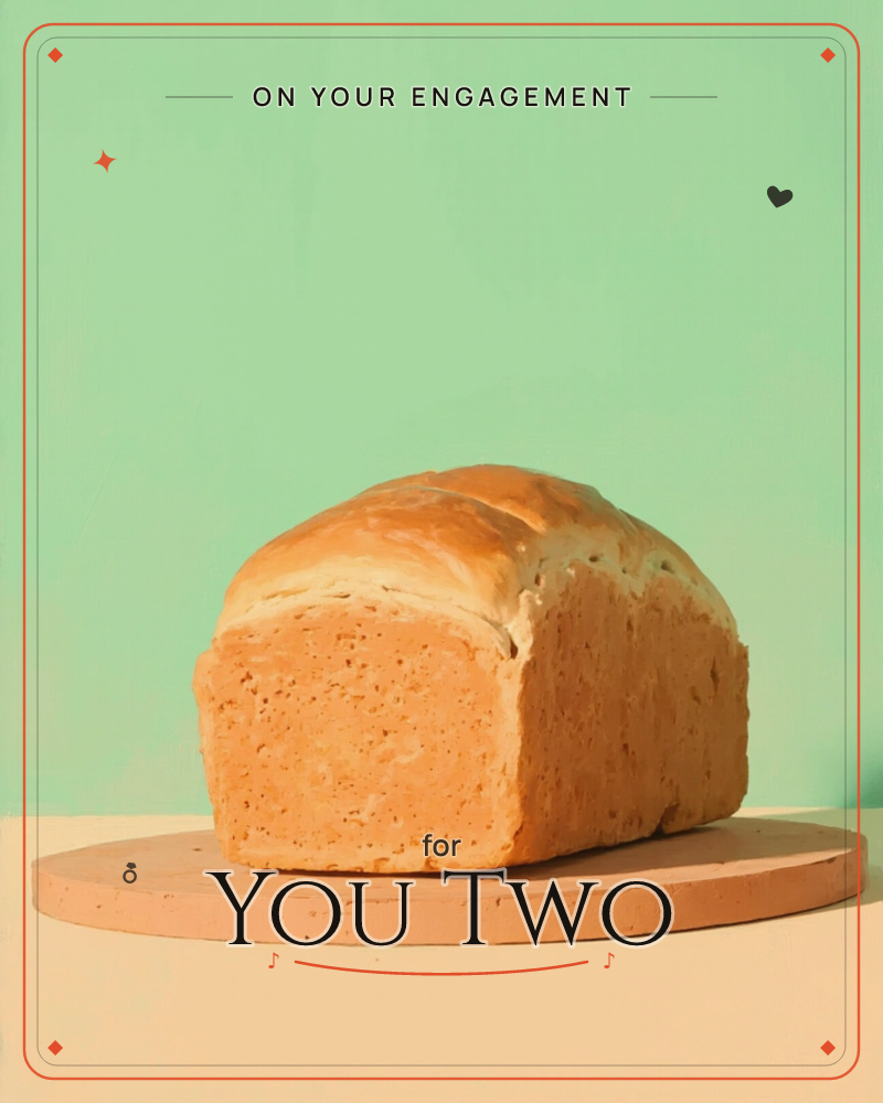 A golden loaf of bread sits on a round terracotta board against a flat mint-green backdrop, its crust glowing under bright, even studio light, a engagement e-card design