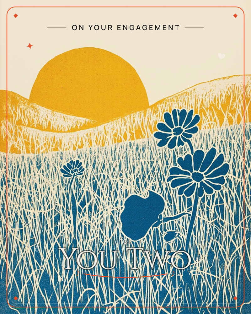 A bold golden sun sits low behind rolling hills of etched grasses, with tall blue daisies and a single heart-shaped leaf rising through the meadow in…, a engagement e-card design