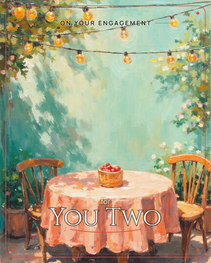 An empty garden table draped in a peach cloth waits between two wooden chairs, a small basket of red fruit set at its centre, a engagement e-card design