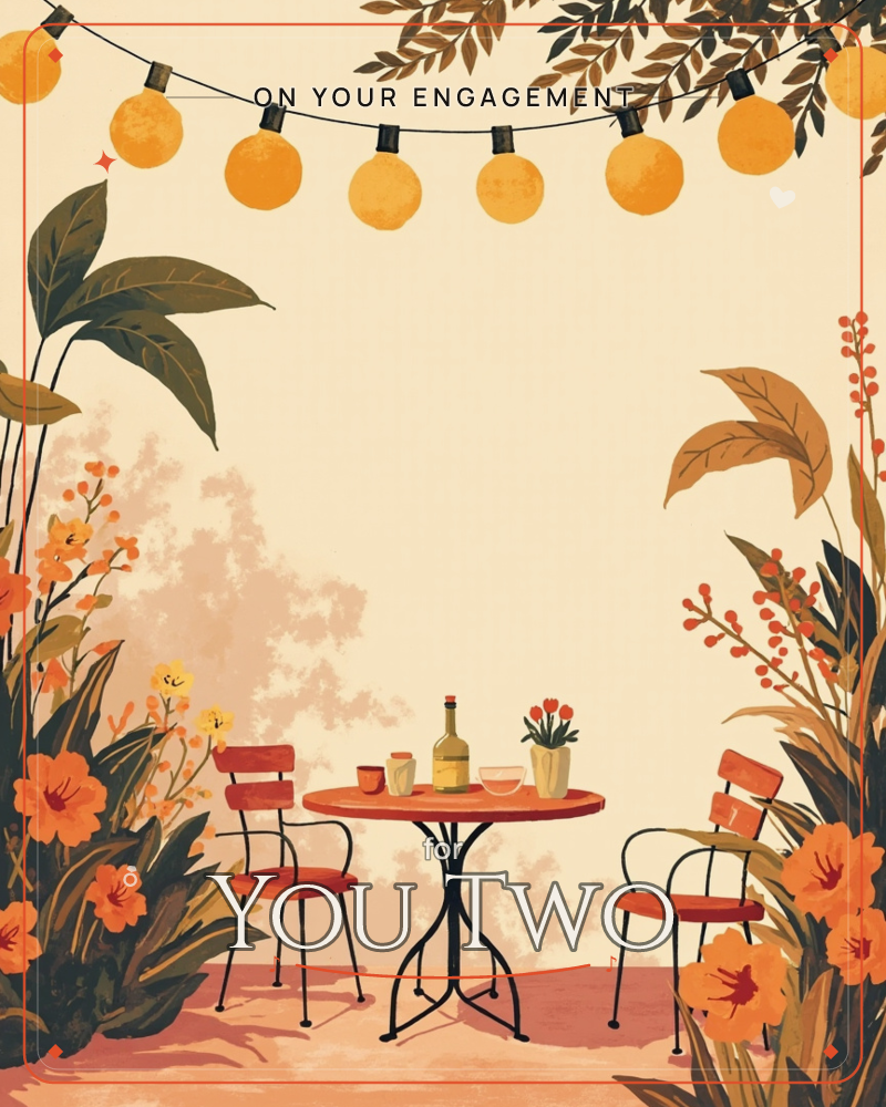 A cosy garden café scene with a small red bistro table set for two, flanked by wrought-iron chairs, and topped with a wine bottle, glasses, and a bowl…, a engagement e-card design