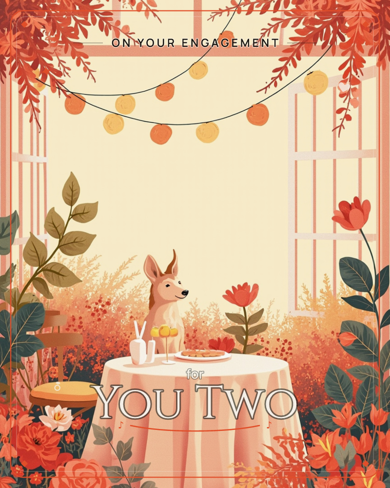 A small fox-eared dog sits upright at a round table draped in a pale cloth, set with a plate of cookies and two little cups, framed by open windows…, a engagement e-card design