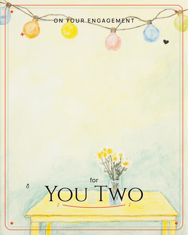 A string of watercolour fairy lights in orange, yellow, pink and blue swags across the top of a softly washed cream background, while below a small…, a engagement e-card design
