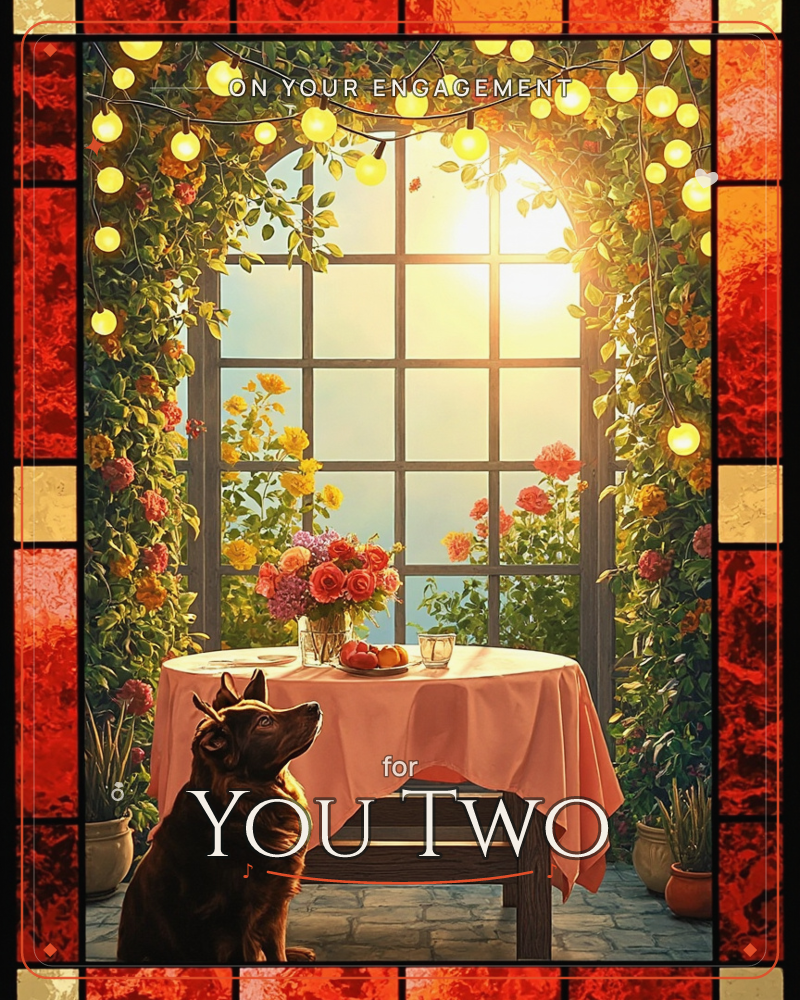 A dog sits patiently beside a small table set with a pink cloth, a vase of roses, and a plate of fruit, framed by an arched window glowing with golden…, a engagement e-card design