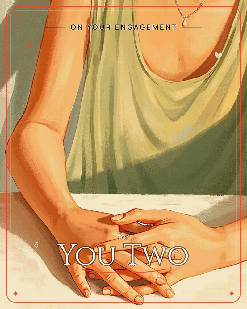 A close, warm-lit illustration shows a woman in a loose olive-green top leaning over a table, her hand resting gently over another person's clasped hands, a engagement e-card design