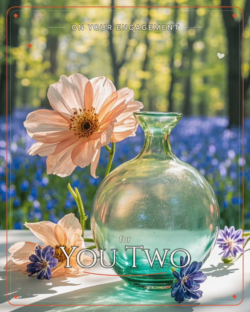 A round green glass vase sits on a white surface with a soft peach poppy leaning against it, while a bluebell wood glows out of focus behind, its…, a engagement e-card design
