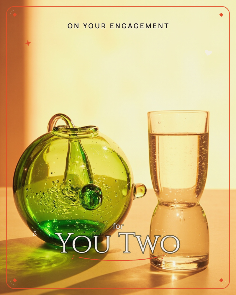 A round green glass bottle with a looped handle sits beside a tall hourglass-shaped glass filled with water, both bathed in warm golden light on a…, a engagement e-card design