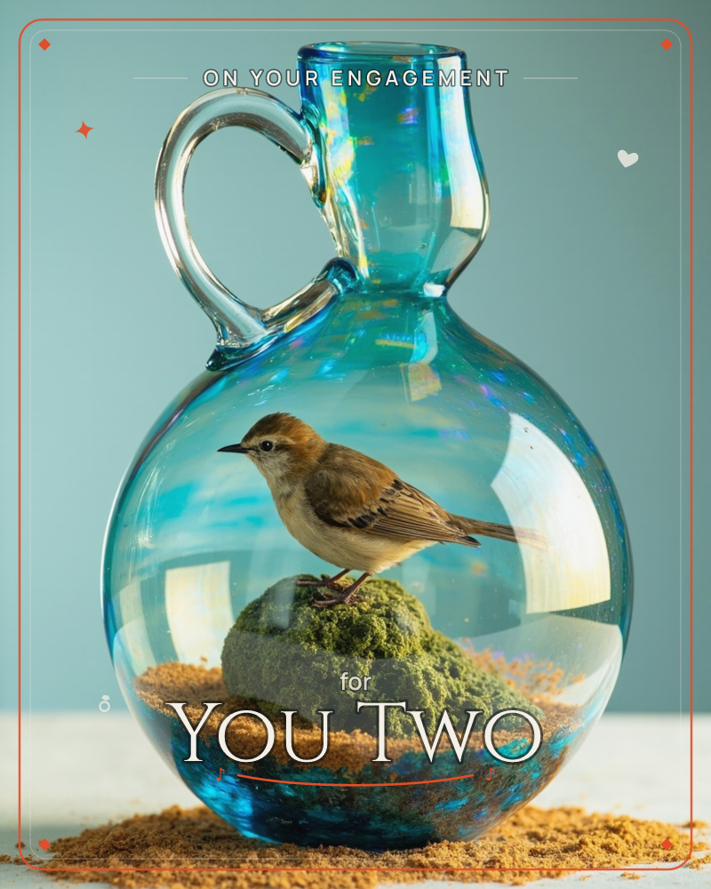 A small brown songbird perches on a mossy stone sealed inside a round, turquoise glass jug with a looping handle, a engagement e-card design