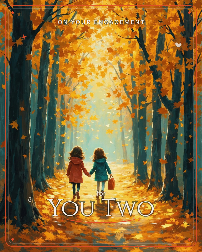Two children walk hand in hand down a leaf-strewn path beneath a golden autumn canopy, one carrying a small red bag, a engagement e-card design