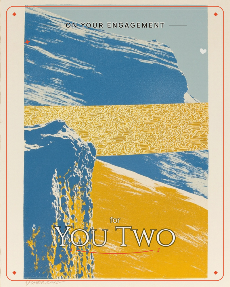A bold graphic print of layered mountain ridges rendered in flat blue and gold, split by a textured golden band that cuts across the composition like a…, a engagement e-card design