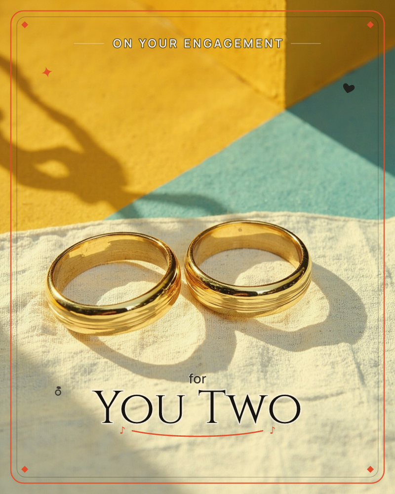 Two gold wedding bands rest side by side on a linen cloth, catching sharp sunlight against a backdrop of mustard yellow and teal, a engagement e-card design