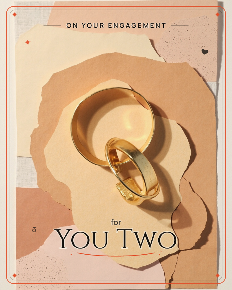 Two gold rings rest interlocked atop a collage of torn paper in warm cream, peach and dusty pink tones, a engagement e-card design