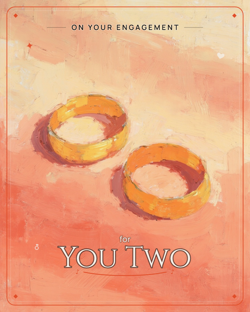 Two plain gold wedding bands rest side by side on a warm coral-and-cream surface, rendered in loose, visible brushstrokes, a engagement e-card design
