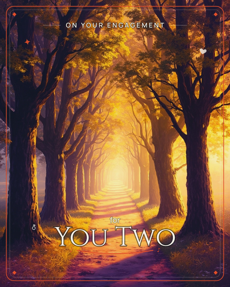A tree-lined avenue stretches into a glowing golden haze, its arching branches forming a leafy tunnel over a dirt path, a engagement e-card design