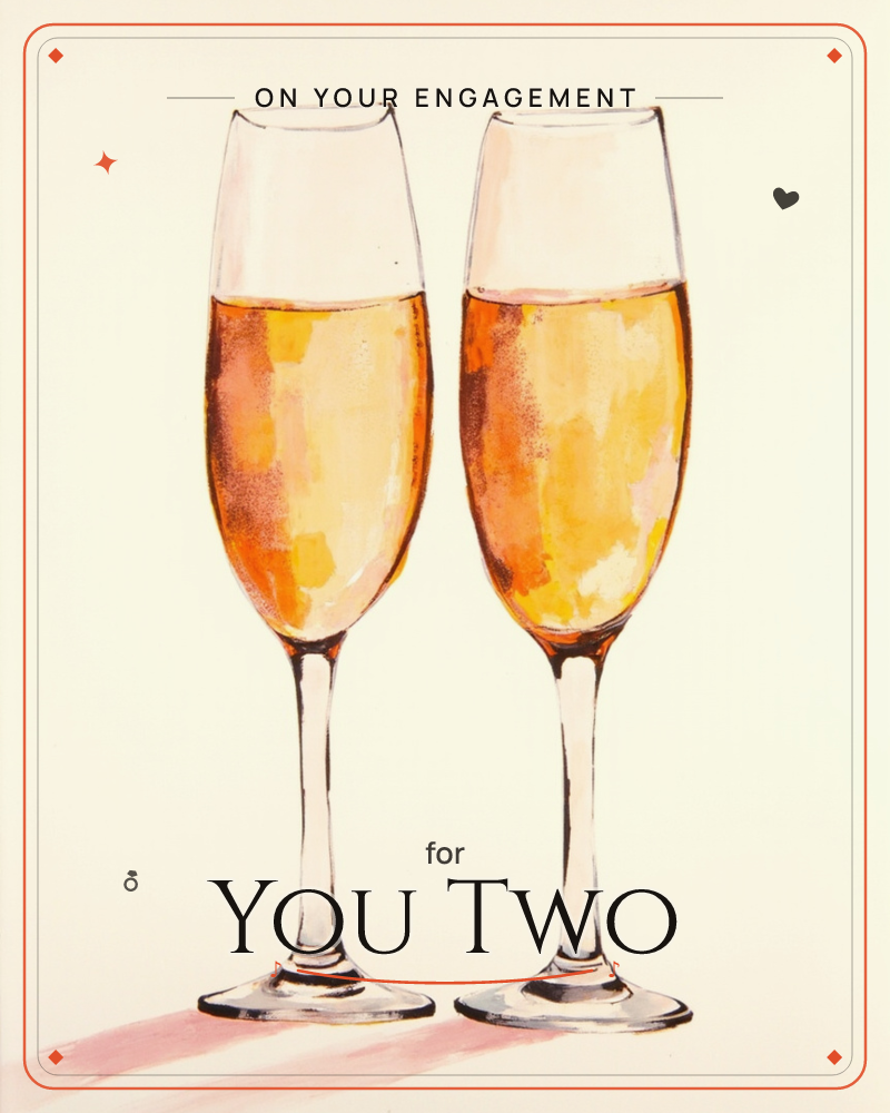 Two tall champagne flutes stand side by side, filled with golden bubbly rendered in loose patches of amber and peach, a engagement e-card design