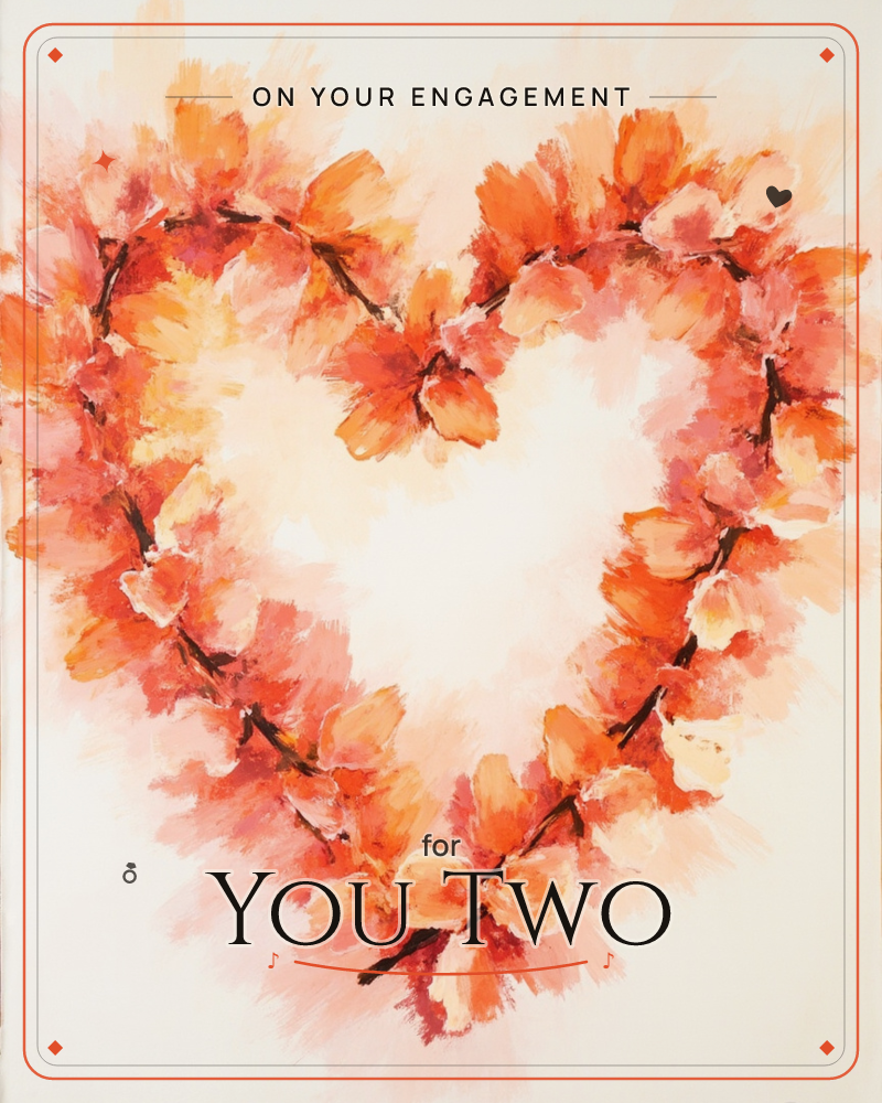 A heart shape is formed entirely from loose, blossoming flowers in shades of coral, orange and peach, painted with soft, feathered brushstrokes on dark…, a engagement e-card design