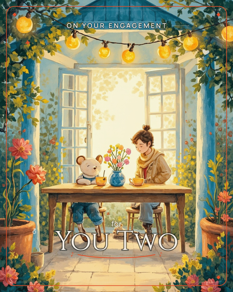 A child sits at a small wooden table on a flower-draped porch, sharing a quiet tea moment with a teddy bear seated across from her, a engagement e-card design
