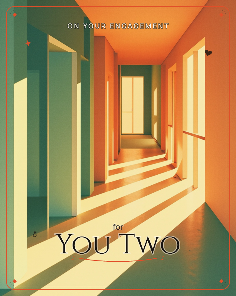 A stylised corridor stretches toward a bright doorway, its walls painted in warm orange on one side and cool sage green on the other, a engagement e-card design