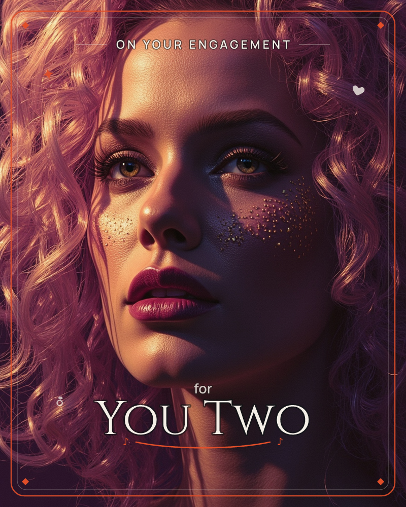 A close-up portrait of a woman with a mass of curly hair lit in deep pink and violet light, her face dusted with tiny glittering specks across the…, a engagement e-card design