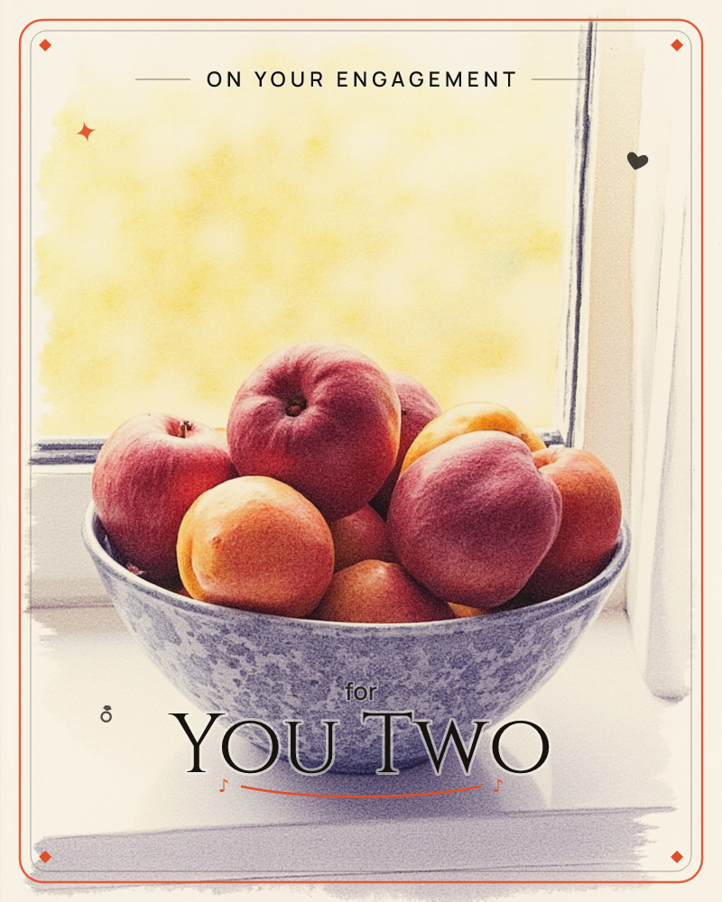 A speckled blue-grey bowl sits on a windowsill, piled high with red-blushed peaches and golden apricots, a engagement e-card design