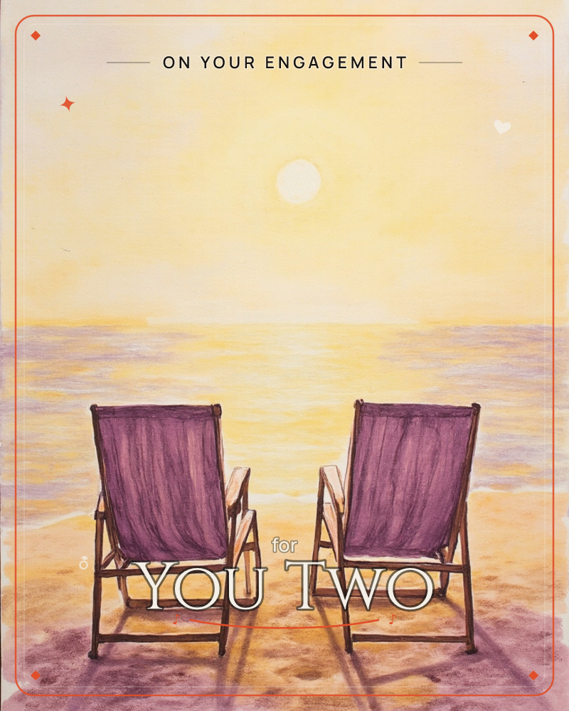 Two purple canvas beach chairs sit empty on the sand, facing a wide golden sea under a pale round sun, a engagement e-card design
