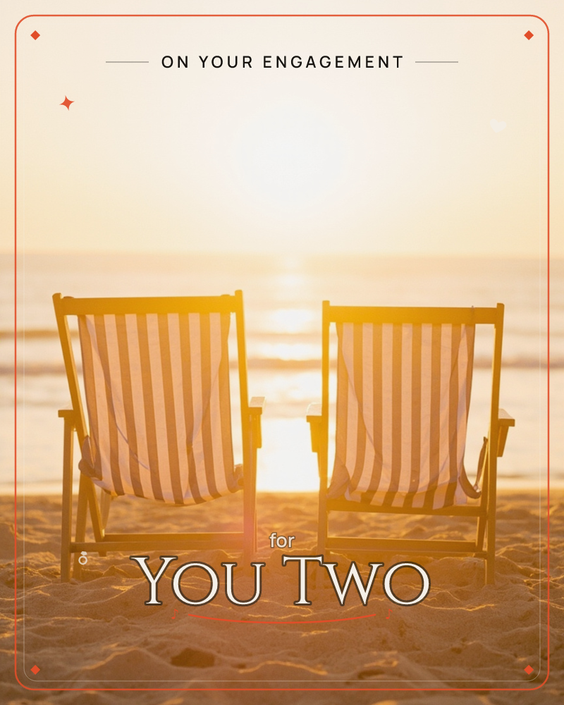 Two empty striped deckchairs sit side by side on a sandy beach, facing a glowing sunset over the sea, a engagement e-card design