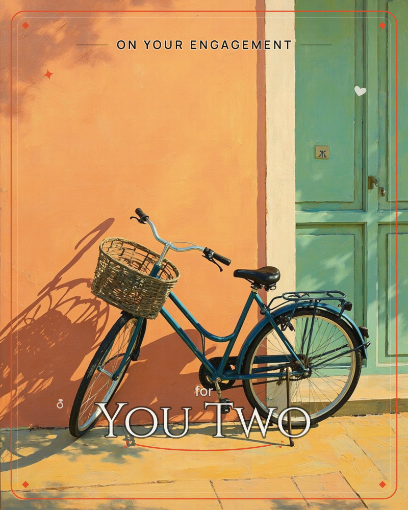A blue bicycle with a wicker basket leans against a sun-warmed terracotta wall beside a weathered green door, its long dappled shadow stretching across…, a engagement e-card design