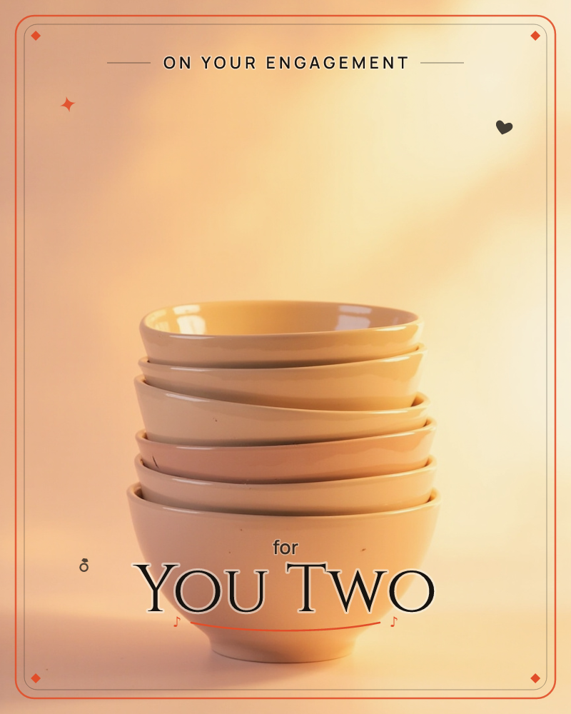 A tall stack of matching ceramic bowls sits centred against a softly glowing peach backdrop, warm light falling in a diagonal wash across the wall behind, a engagement e-card design