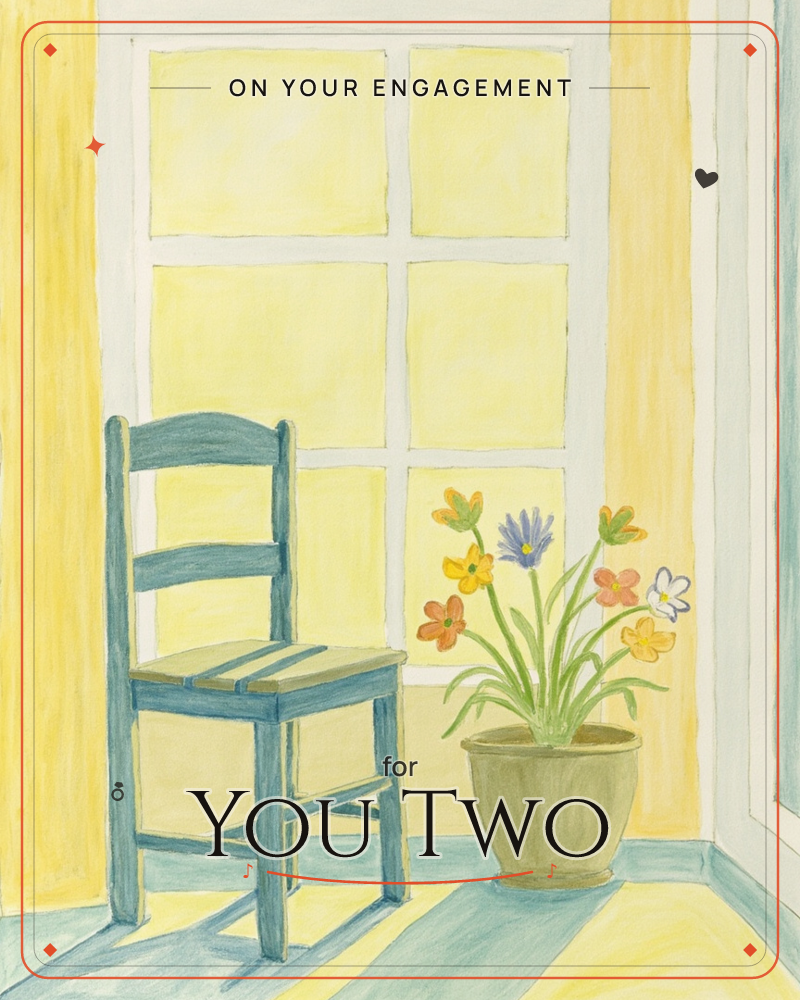 A blue wooden chair sits empty beside a sunlit paned window, the glow turning the walls and floor a warm buttery yellow, a engagement e-card design