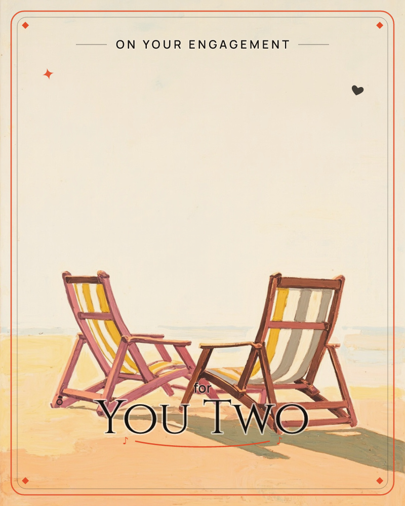 Two empty deckchairs, one striped yellow and one grey and white, sit angled toward each other on a pale sandy beach beneath a wide bleached sky, a engagement e-card design