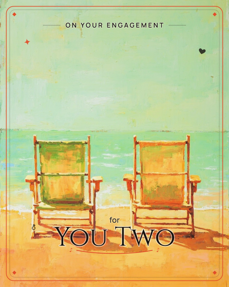 Two empty beach chairs, one green and one orange, face a calm turquoise sea under a soft pale sky, a engagement e-card design